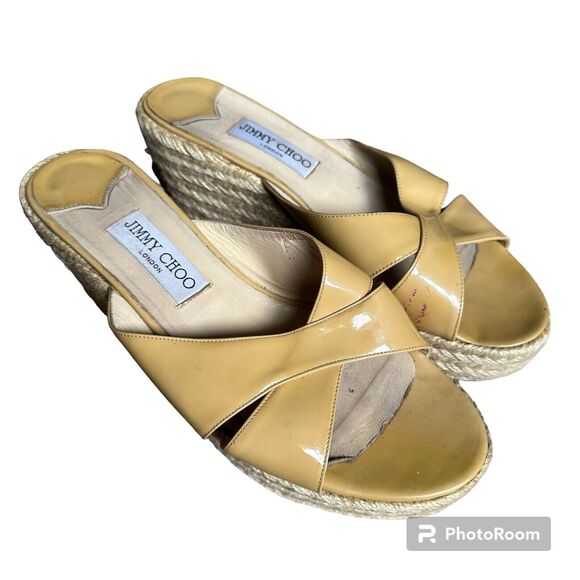 Jimmy Choo Paisley Crisscross Slide Sandal Espadrille Beige Patent Wedge Size 40 - Picture 3 of 11